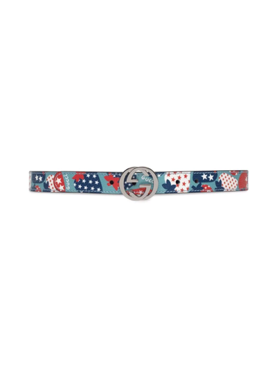 Gucci Kids' Double G Strawberry-print Belt In Blue