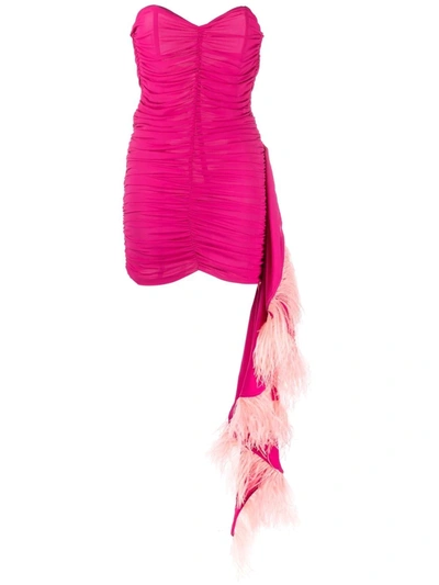 Nervi Tinnie Strapless Ruched Mini Dress W/ Feather Drape In Pink