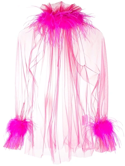 Styland Feather-trim Sheer Blouse In Pink
