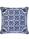 Dolce & Gabbana Blue And White Small Cushion With Blue Mediterranean Print In Duchesse Cotton In Blue