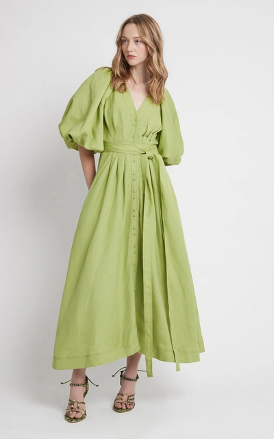 Aje Evermore Belted Linen-blend Maxi Shirt Dress In Bayleaf Green