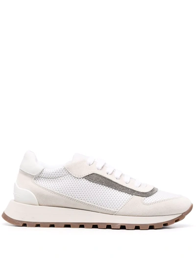 Brunello Cucinelli Runner Shoe In Suede And Taffeta Embellished With Threads Of Brilliant Monili In White