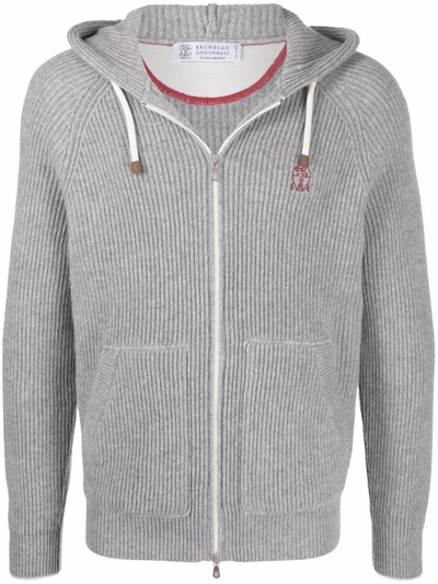 Brunello Cucinelli Embroidered Logo Cashmere Cardigan In Grau