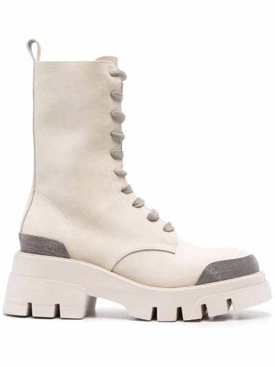 Brunello Cucinelli Monili-embellished Lace-up Boots In White