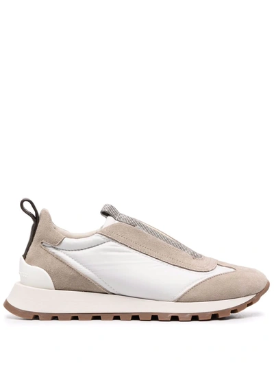 Brunello Cucinelli Mixed Leather Slip-on Runner Sneakers In Beige