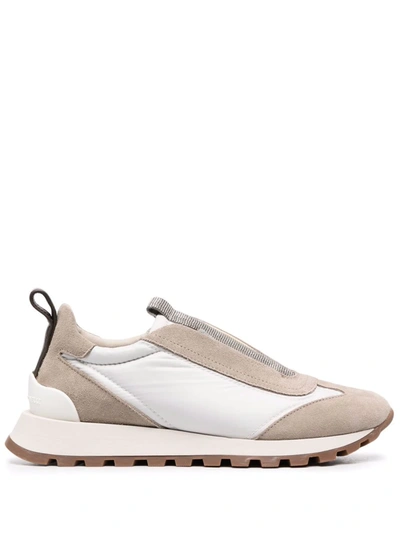 Brunello Cucinelli Mixed Leather Slip-on Runner Sneakers In Grey