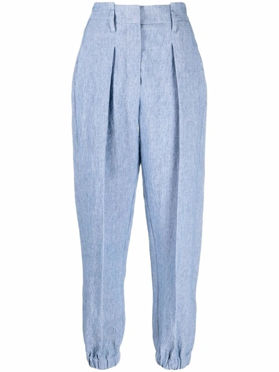 Brunello Cucinelli Elastic Cuff Tailored Linen Pants In Blue