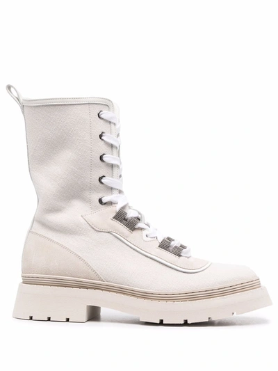 Brunello Cucinelli Lace-up Cargo Ankle Boots In Weiss