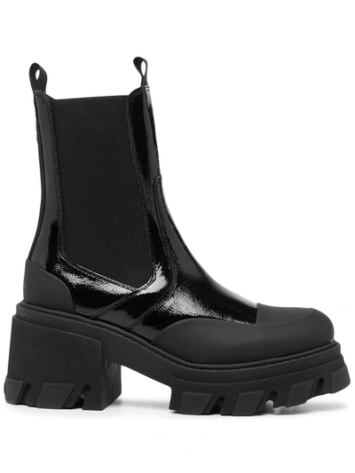 Ganni Black Leather And Rubber Chunky Boots Woman