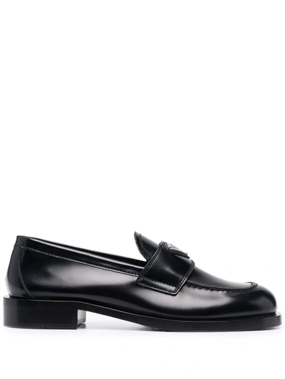 Prada Triangle Logo Chocolate Brushed Leather Loafers In Black