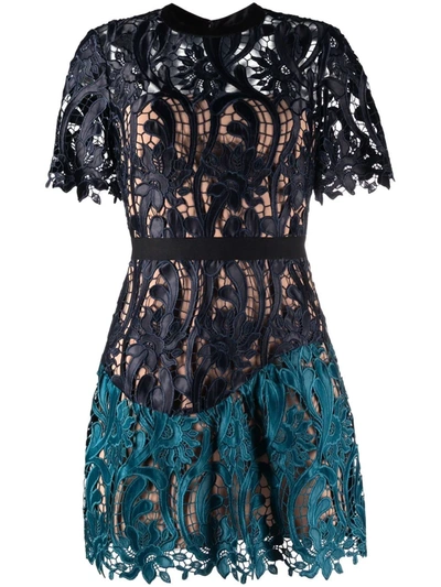 Self-portrait Two-tone Guipure Lace Minidress In Blau