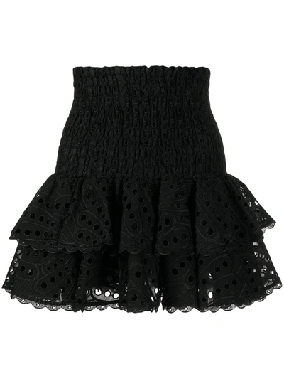 Charo Ruiz Noa Ruffled Shirred Broderie Anglaise Cotton-blend Mini Skirt In Nero