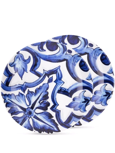 Dolce & Gabbana Blu Mediterraneo-print Porcelain Dessert Plates (set Of 2) In White