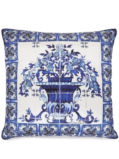 Dolce & Gabbana Mediterraneo-print Silk Cushion In Medium Blue