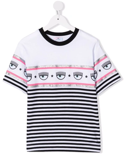 Chiara Ferragni Kids' Striped Cotton T-shirt In Bianco