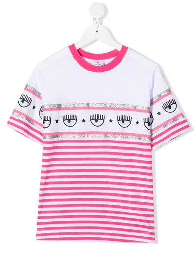 Chiara Ferragni Kids' Striped Cotton T-shirt In Fuchsia
