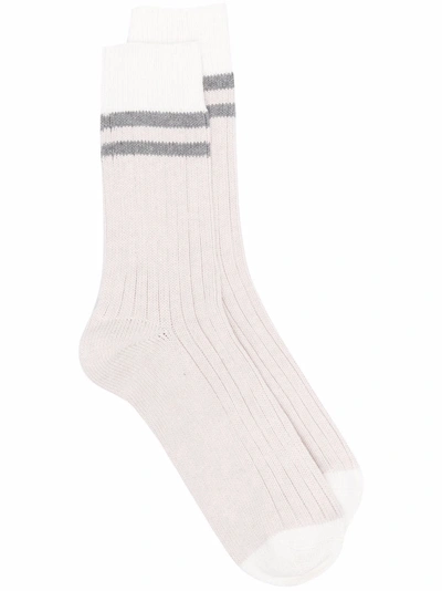 Brunello Cucinelli Striped Ribbed Socks In Neutrals