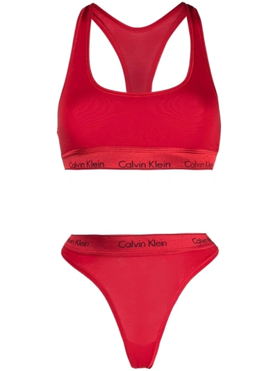 Calvin Klein Underwear Logo-band Bralette-thong Set In Red