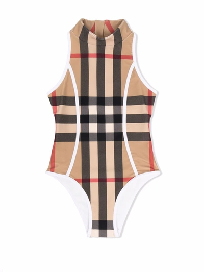 Burberry Teen Check-print Zip-front One-piece Swimsuit In Beige