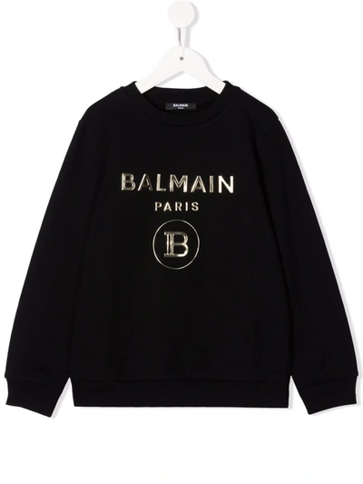 Balmain Kids' Debossed-logo Cotton Sweatshirt In Nero-oro