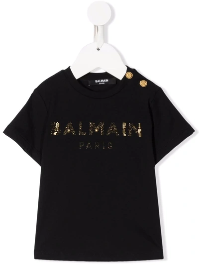 Balmain Black Baby T-shirt With Gold Print In Nero/oro