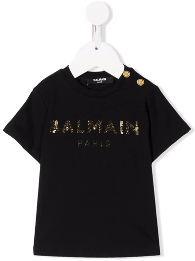 Balmain Babies' 水钻logo T恤 In Nero/oro