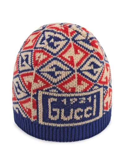 Gucci Baby G 菱形纹套头帽 In Blue
