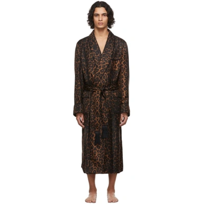 Tom Ford Tasselled Piped Leopard-print Silk-twill Robe In Brown