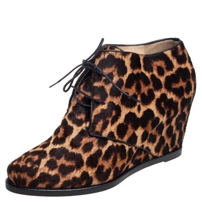 Pre-owned Christian Louboutin Brown Leopard Print Calf Hair Lady Schuss Wedge Ankle Boots Size 38
