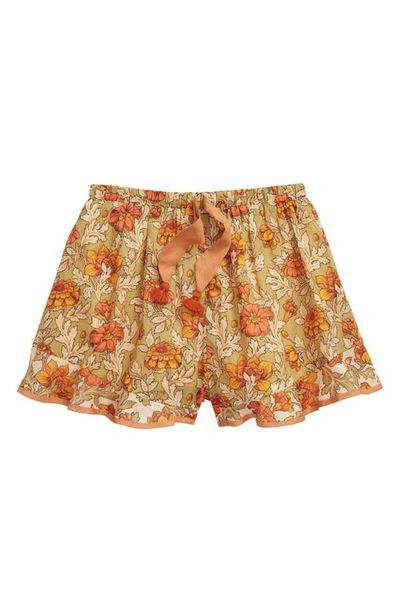 Zimmermann Kids' Andie Floral Ruffle Trim Cotton Shorts In Green
