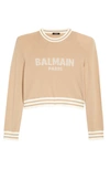 Balmain Varsity Logo Cropped Cashmere Sweater In Beige