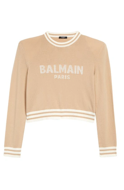 Balmain Varsity Logo Cropped Cashmere Sweater In Beige