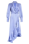 Zimmermann Asymmetric Ruffled Silk-satin Midi Wrap Dress In Blue-med