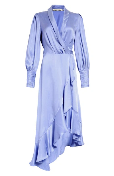 Zimmermann Asymmetric Ruffled Silk-satin Midi Wrap Dress In Blue-med