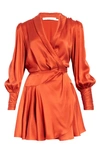 Zimmermann Ruffled Silk-satin Wrap Mini Dress In Crimson