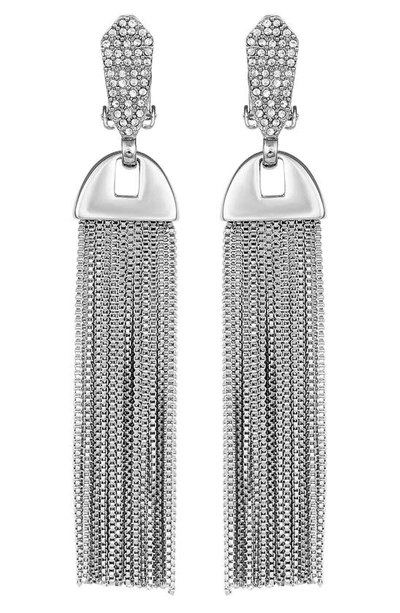 Vince Camuto Silver-tone Pave Tassel Clip Drop Earrings In Silver/ Crystal