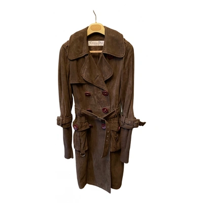 Pre-owned Dior Leather Coat In Khaki