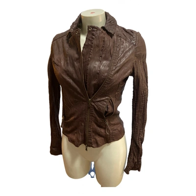 Pre-owned Guess Leather Biker Jacket In Brown