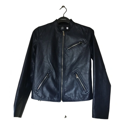Pre-owned Lauren Ralph Lauren Leather Biker Jacket In Navy