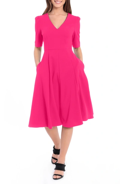 Donna Morgan V-neck Fit & Flare Dress In Electric Pink