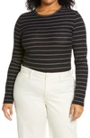 Vince Reverse Stripe Long Sleeve Crewneck Cotton Top In Coastal/ Off White