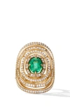 David Yurman Stax Statement Ring In 18k Yellow Gold With Full Pave Diamonds And Emerald In Yellow Gold