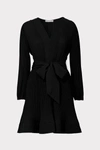 Milly Liv Long-sleeve V-neck Pleated Belted Mini Dress In Black