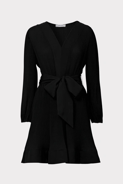 Milly Liv Long-sleeve V-neck Pleated Belted Mini Dress In Black