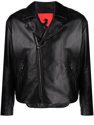 Ferrari Prancing Horse Leather Biker Jacket In Schwarz