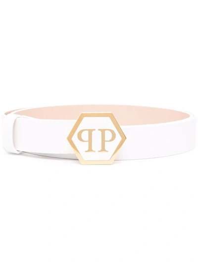 Philipp Plein Hexagon Leather Belt In Weiss