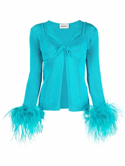 Seen Users Feather-trim Open-knit Cardigan In Blau