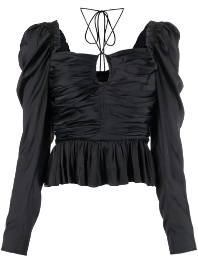 Ulla Johnson Mirelle Ruffled Ruched Satin Halterneck Blouse In Noir