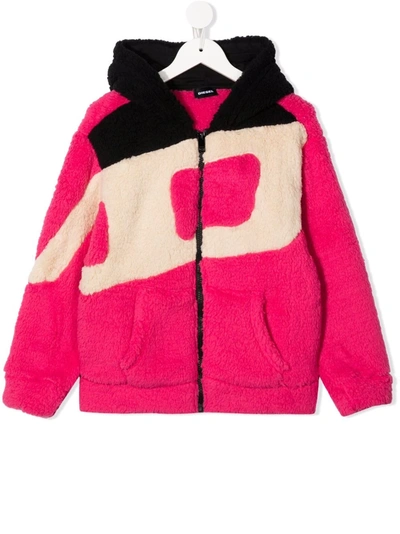 Diesel Kids' Colour Block Shearling Jacket In Pink