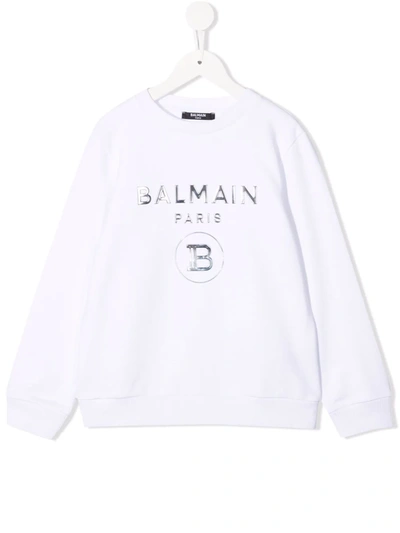 Balmain Kids' Cotton Logo Print Sweatshirt In White